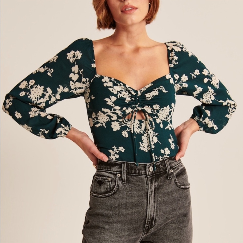 NWT Abercrombie and Fitch Green Floral Cinched Longsleeve Blouse Sz S - Picture 6 of 10